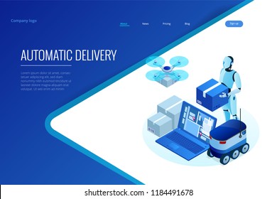 Isometric Drone Fast Delivery of goods in the city. Technological shipment innovation concept. Autonomous logistics. Robot delivery web concept