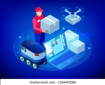 Isometric Drone Fast Delivery of goods in the city. Technological shipment innovation concept. Autonomous logistics. Robot delivery web concept