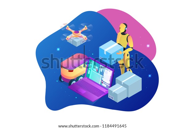 Isometric Drone Fast Delivery of goods in the\
city. Technological shipment innovation concept. Autonomous\
logistics. Robot delivery web\
concept
