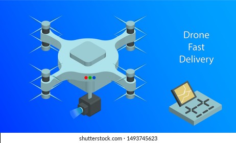 Isometric Drone Fast Delivery. Structure of quadcopter. Technological shipment innovation concept. Dron flying with action video camera and remote. Template for presentation, report design, website.