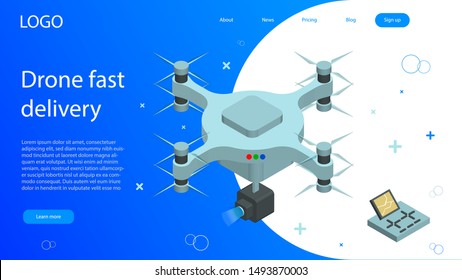 Isometric Drone Fast Delivery. Structure of quadcopter. Technological shipment innovation concept. Dron flying with action video camera and remote. Template for Landing Page, report design, website.