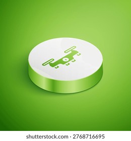 Isometric Drone flying icon isolated on green background. Quadrocopter with video and photo camera symbol. White circle button. Vector