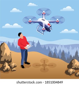 Isometric drone operator composition with wild outdoor landscape and man with remote device and flying quadcopter vector illustration