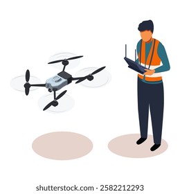 isometric drone operator with remote control controls drone, vector illustration