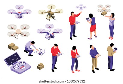 Operador de drones isométricos conjunto de caracteres humanos aislados con dispositivos remotos y drones cuadcopter con ilustración vectorial de joysticks