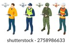 Isometric drone operators in different professions including civilian, police, military , construction worker. Remote control quadcopters for surveillance, inspection, safety, defense, industrial use