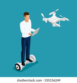 Isometric drone people, a man playing a game, quadrocopter 3D, fly on the radio. Drone camera for filming illustration.