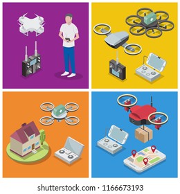 Isometric drone poster, banner template set. Vector illustration of controlled via smartphone or controller quadcopters delivering parcel, first aid kit.