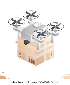 Quadricóptero isométrico de drones com caixa de encomendas isolada em branco. Ilustração vetorial. Entrega de mercadorias ao comprador. Tecnologia logística de transporte futurista. Serviço de entrega de ar.