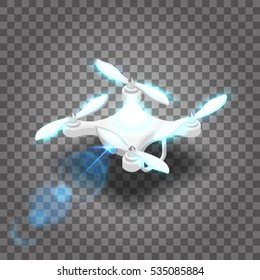 Isometric drone quadrocopter 3D, fly on the radio. Drone camera for shooting, the lens effect of the glow on a transparent .