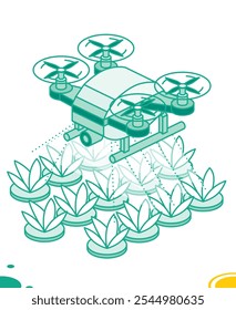 Drone isométrico pulverizando pesticidas em plantas. Ilustração vetorial. Fazenda inteligente com drone de irrigação. Contornar objetos. O drone varre plantas. Tecnologia de inovação para empresa agrícola.