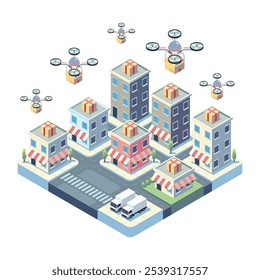 Isometric Drones Delivering Packages in Urban Environment. Logistics and Transportation Concept