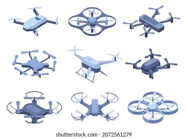 Isometric drones, flying quadcopter with remote controllers. Remote control, unmanned aerial drones vector illustration set. Electronic quadcopters. Drone unmanned, robot helicopter