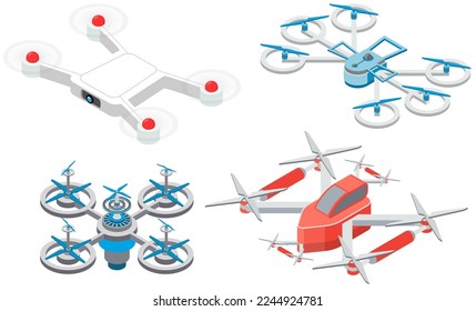 Isometric drones, flying quadcopter with remote controllers. Remote control, unmanned aerial drones vector set. Electronic quadcopters. Aircraft, robot helicopter, flying apparatus, modern technology