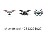 Isometric drones, flying quadcopter with white background. Remote control, unmanned aerial drones vector illustration set. Electronic quadcopters. Drone unmanned, robot helicopter