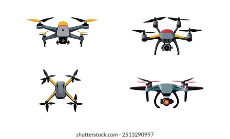 Isometric drones, flying quadcopter with white background. Remote control, unmanned aerial drones vector illustration set. Electronic quadcopters. Drone unmanned, robot helicopter