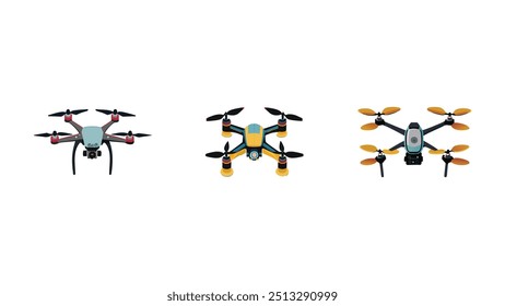 Drones isométricos, quadcóptero voador com fundo branco. Controle remoto, drones aéreos não tripulados conjunto de ilustração vetor. Quadricópteros eletrônicos. Drone não tripulado, helicóptero robô