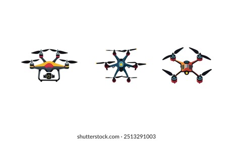 Drones isométricos, quadcóptero voador com fundo branco. Controle remoto, drones aéreos não tripulados conjunto de ilustração vetor. Quadricópteros eletrônicos. Drone não tripulado, helicóptero robô