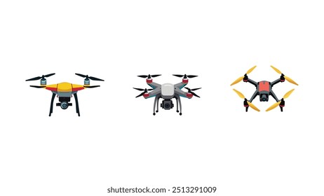 Drones isométricos, quadcóptero voador com fundo branco. Controle remoto, drones aéreos não tripulados conjunto de ilustração vetor. Quadricópteros eletrônicos. Drone não tripulado, helicóptero robô