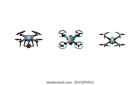 Drones isométricos, quadcóptero voador com fundo branco. Controle remoto, drones aéreos não tripulados conjunto de ilustração vetor. Quadricópteros eletrônicos. Drone não tripulado, helicóptero robô