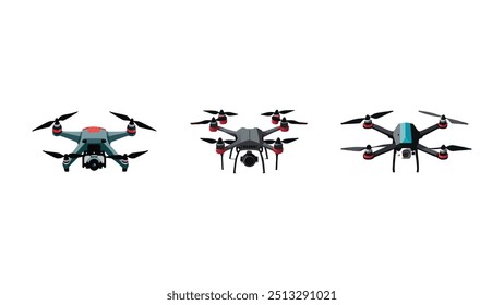 Drones isométricos, quadcóptero voador com fundo branco. Controle remoto, drones aéreos não tripulados conjunto de ilustração vetor. Quadricópteros eletrônicos. Drone não tripulado, helicóptero robô