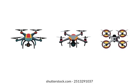 Drones isométricos, quadcóptero voador com fundo branco. Controle remoto, drones aéreos não tripulados conjunto de ilustração vetor. Quadricópteros eletrônicos. Drone não tripulado, helicóptero robô