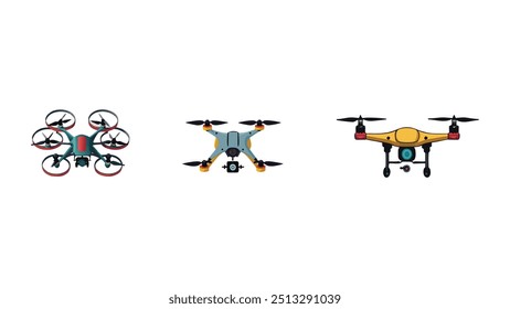 Drones isométricos, quadcóptero voador com fundo branco. Controle remoto, drones aéreos não tripulados conjunto de ilustração vetor. Quadricópteros eletrônicos. Drone não tripulado, helicóptero robô