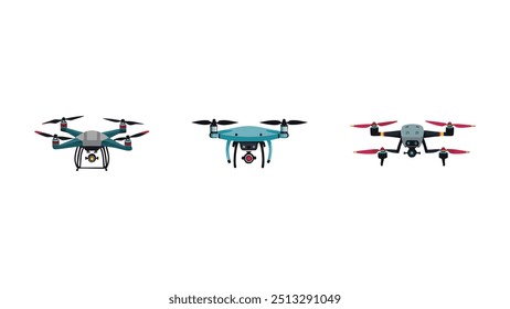 Drones isométricos, quadcóptero voador com fundo branco. Controle remoto, drones aéreos não tripulados conjunto de ilustração vetor. Quadricópteros eletrônicos. Drone não tripulado, helicóptero robô