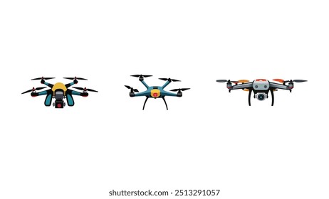 Drones isométricos, quadcóptero voador com fundo branco. Controle remoto, drones aéreos não tripulados conjunto de ilustração vetor. Quadricópteros eletrônicos. Drone não tripulado, helicóptero robô