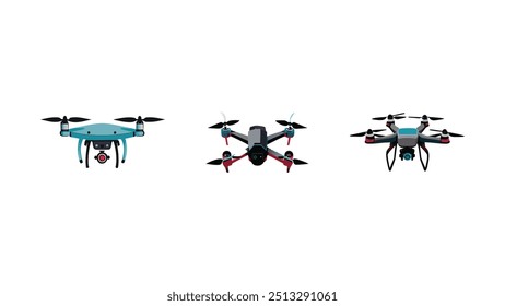 Drones isométricos, quadcóptero voador com fundo branco. Controle remoto, drones aéreos não tripulados conjunto de ilustração vetor. Quadricópteros eletrônicos. Drone não tripulado, helicóptero robô