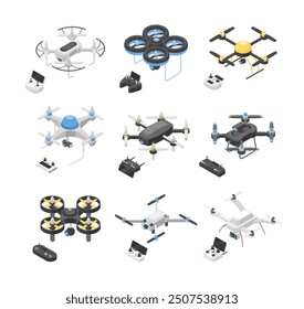 Drones isométricos. Control remoto y joysticks para drones. Video Técnicas de vuelo con cámara y vista superior de la foto, Elementos digitales impecables del Vector