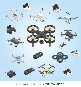 Isometric drones remote control and joysticks for drone flying techniques with camera for video and photo top view flawless vector digital elements