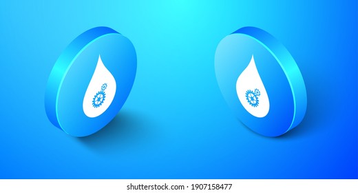 Isometrisches Drop mit Zahnräder Symbol einzeln auf blauem Hintergrund. Abstraktes Konzept für Ökologie Thema, grüne Öko-Energie, Technologie und Industrie. Blauer Kreis-Knopf. Vektorgrafik.