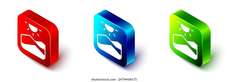 Icono de sequía isométrica aislado sobre fondo blanco. Botón cuadrado rojo, azul y verde. Vector