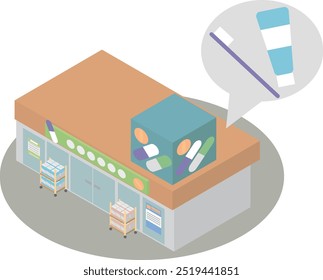 Isometric drug store with toothbrushes and toothpaste illustration