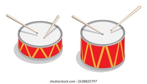 Isometric drum with drumsticks musical instrument. Percussion musical instrument top view. aerial view. Realistic 3D vector concept isolated on white background