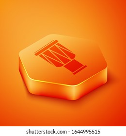 Isometric Drum icon isolated on orange background. Music sign. Musical instrument symbol. Orange hexagon button. Vector Illustration