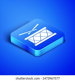 Isometric Drum with drum sticks icon isolated on blue background. Music sign. Musical instrument symbol. Blue square button. Vector Illustration