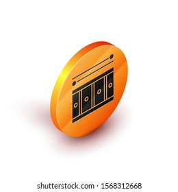 Isometric Drum with drum sticks icon isolated on white background. Music sign. Musical instrument symbol. Orange circle button. Vector Illustration