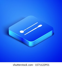 Isometric Drum sticks icon isolated on blue background. Musical instrument. Blue square button. Vector Illustration