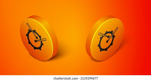 Isometric Drum with drum sticks icon isolated on orange background. Music sign. Musical instrument symbol. Orange circle button. Vector