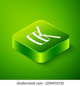 Isometric Drum with drum sticks icon isolated on green background. Music sign. Musical instrument symbol. Green square button. Vector
