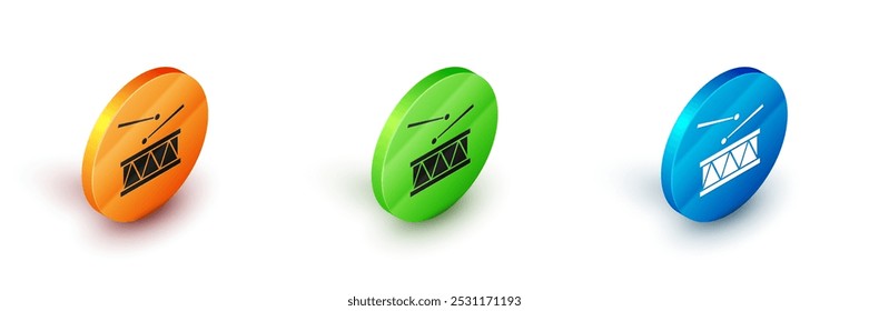 Isometric Drum with drum sticks icon isolated on white background. Music sign. Musical instrument symbol. Circle button. Vector
