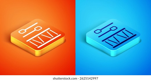 Isometric Drum with drum sticks icon isolated on orange and blue background. Music sign. Musical instrument symbol.  Vector