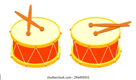 Isometric drum and drum sticks. The objects are isolated against the white background and shown from two sides