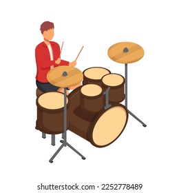 isometric drummer playing drums, vector illustration