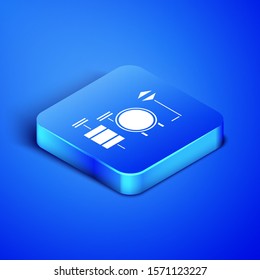 Isometric Drums icon isolated on blue background. Music sign. Musical instrument symbol. Blue square button. Vector Illustration