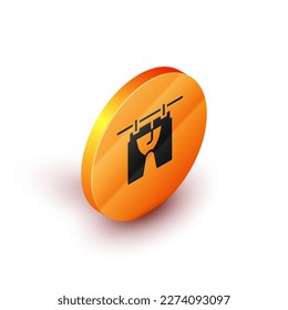 Isometric Drying clothes icon isolated on white background. Clean shirt. Wash clothes on a rope with clothespins. Clothing care and tidiness. Orange circle button. Vector