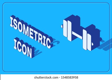 Isometric Dumbbell icon isolated on blue background. Muscle lifting icon, fitness barbell, gym icon, sports equipment symbol, exercise bumbbell.  Vector Illustration
