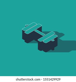 Isometric Dumbbell icon isolated on green background. Muscle lifting icon, fitness barbell, gym icon, sports equipment symbol, exercise bumbbell.  Vector Illustration